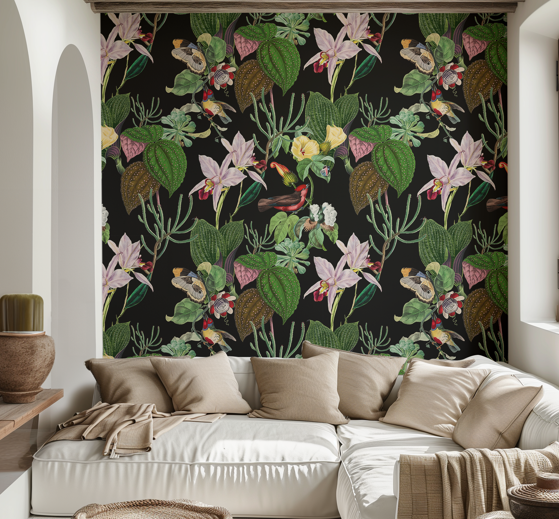 Botanical Birds Wildlife Wallpaper - Black