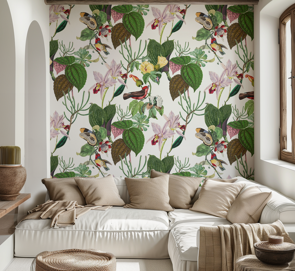 Botanical Birds Wildlife Wallpaper - White