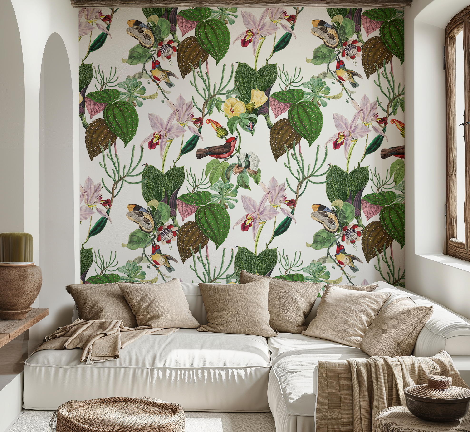 Botanical Birds Wildlife Wallpaper - White