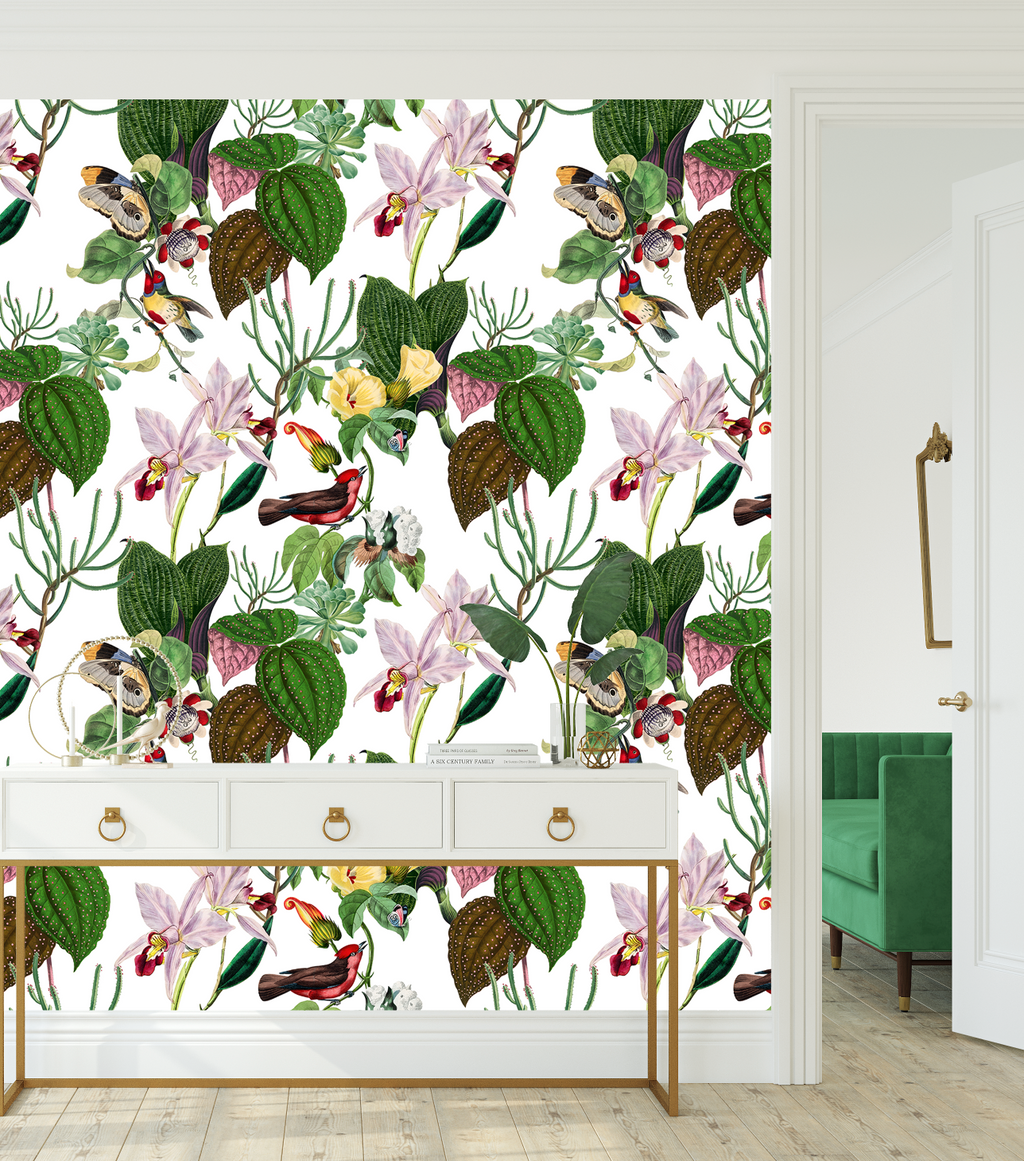 Botanical Birds Wildlife Wallpaper - White