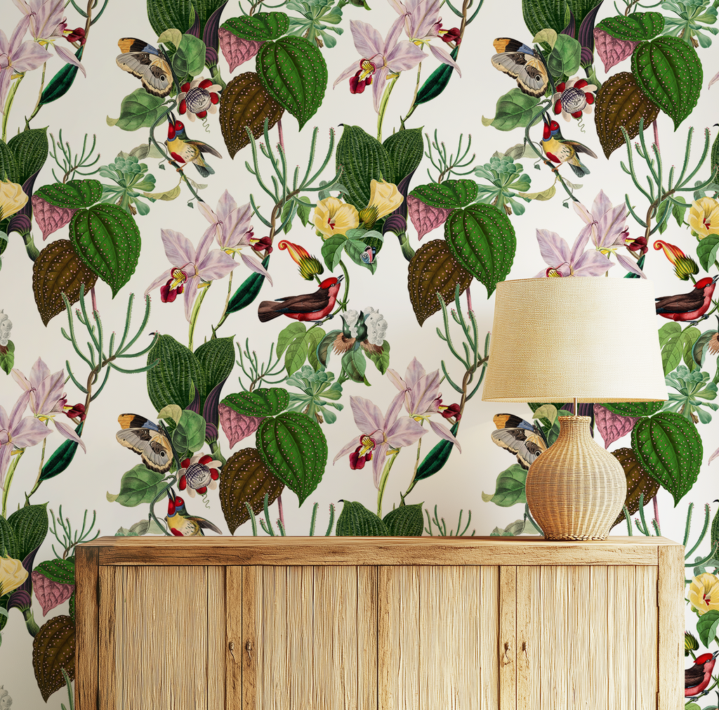 Botanical Birds Wildlife Wallpaper - White