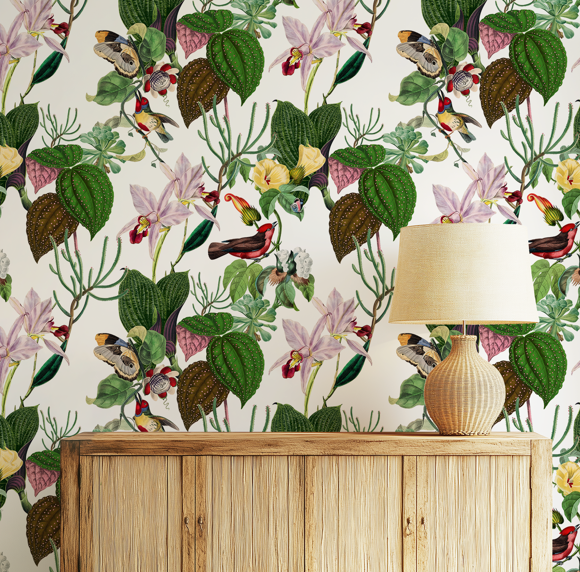 Botanical Birds Wildlife Wallpaper - White