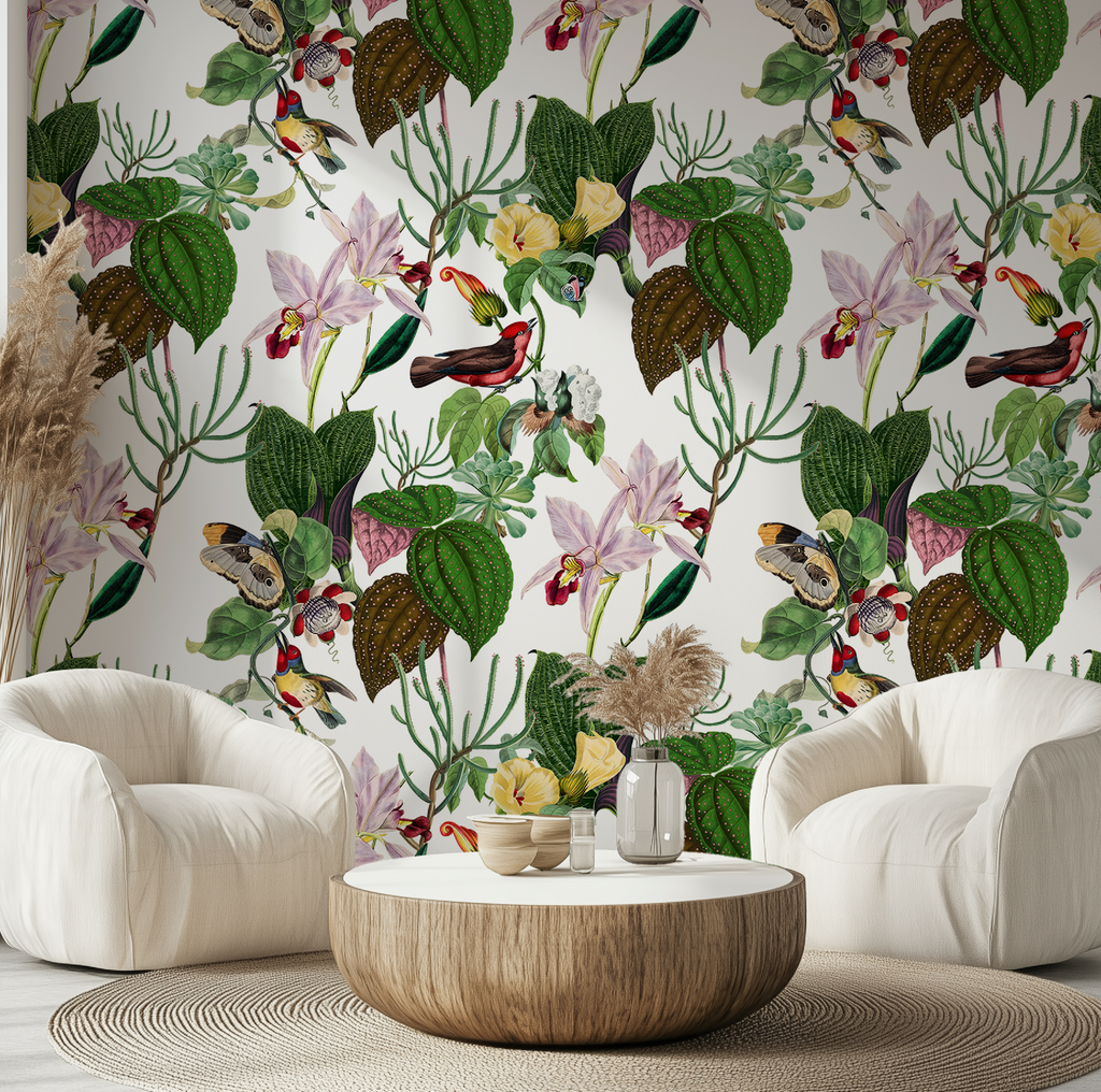 Botanical Birds Wildlife Wallpaper - White