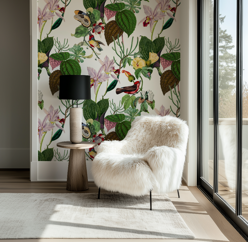 Botanical Birds Wildlife Wallpaper - White