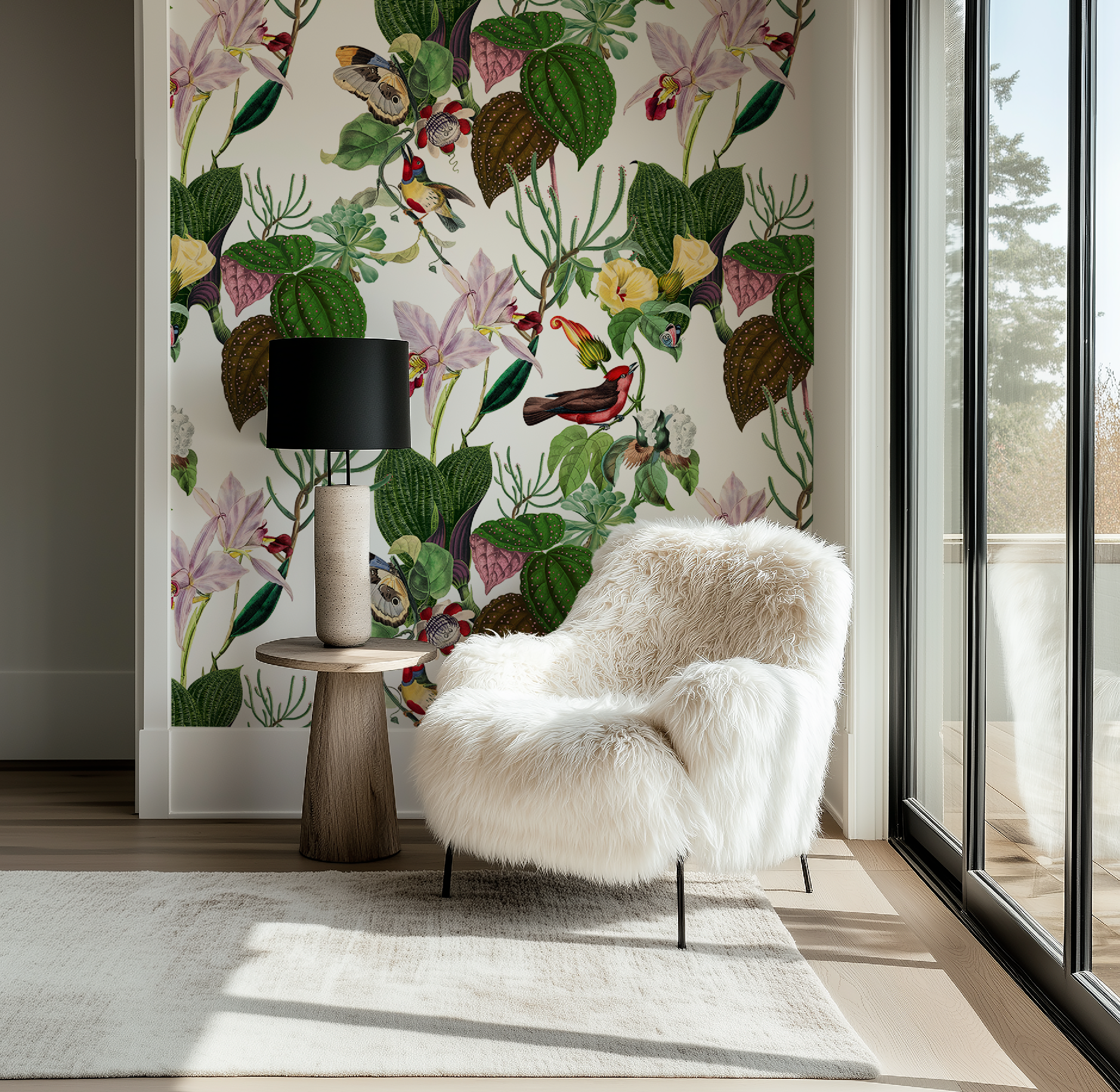 Botanical Birds Wildlife Wallpaper - White