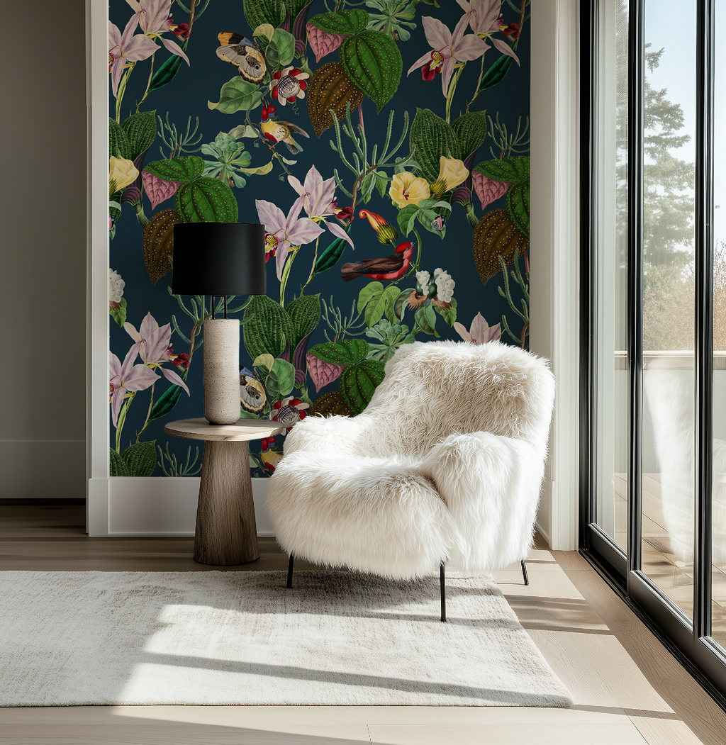 Botanical Birds Wildlife Wallpaper - Navy