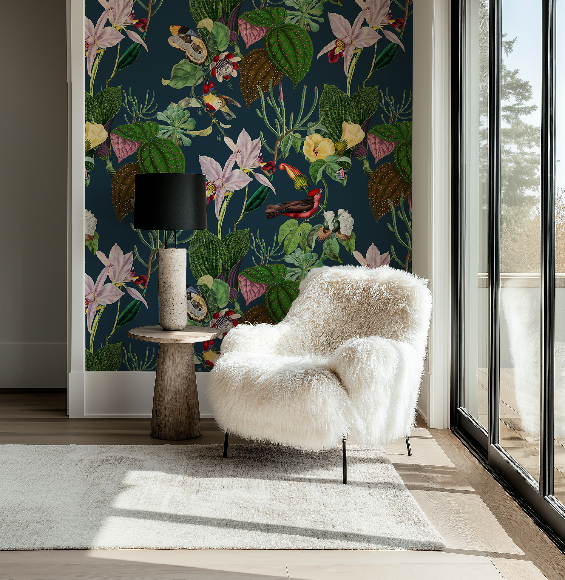 Botanical Birds Wildlife Wallpaper - Navy