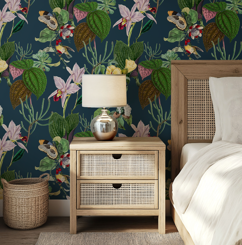 Botanical Birds Wildlife Wallpaper - Navy