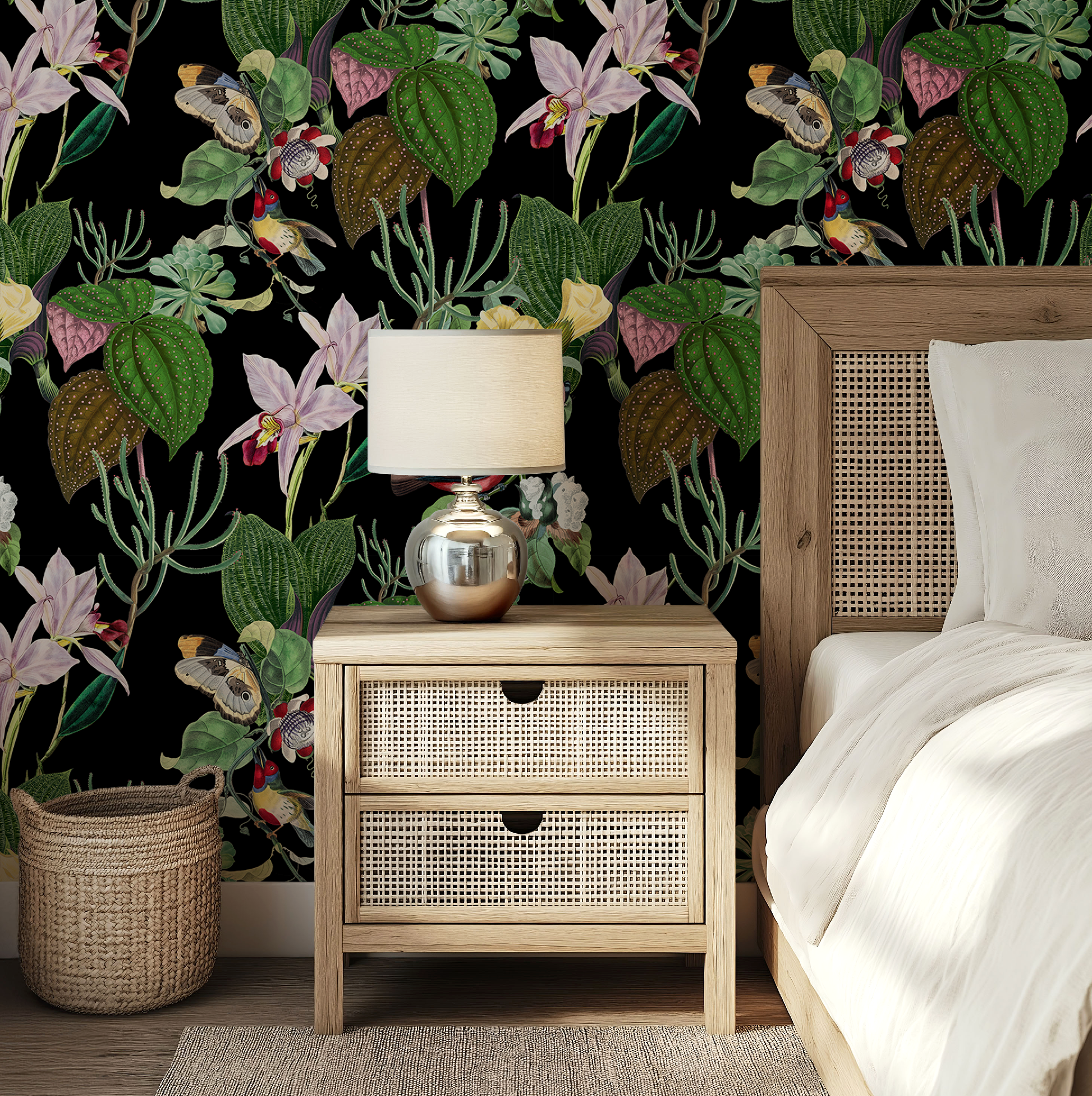 Botanical Birds Wildlife Wallpaper - Black