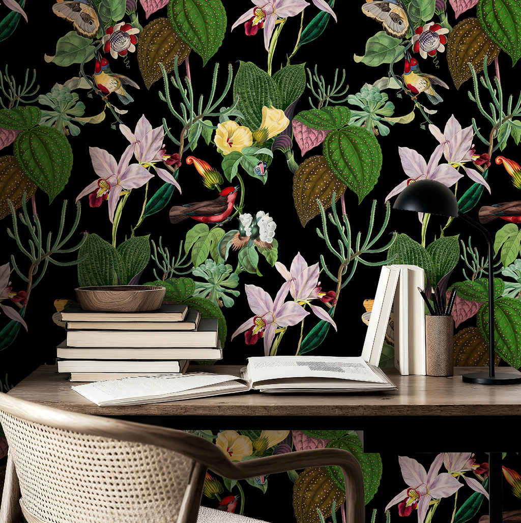 Botanical Birds Wildlife Wallpaper - Black