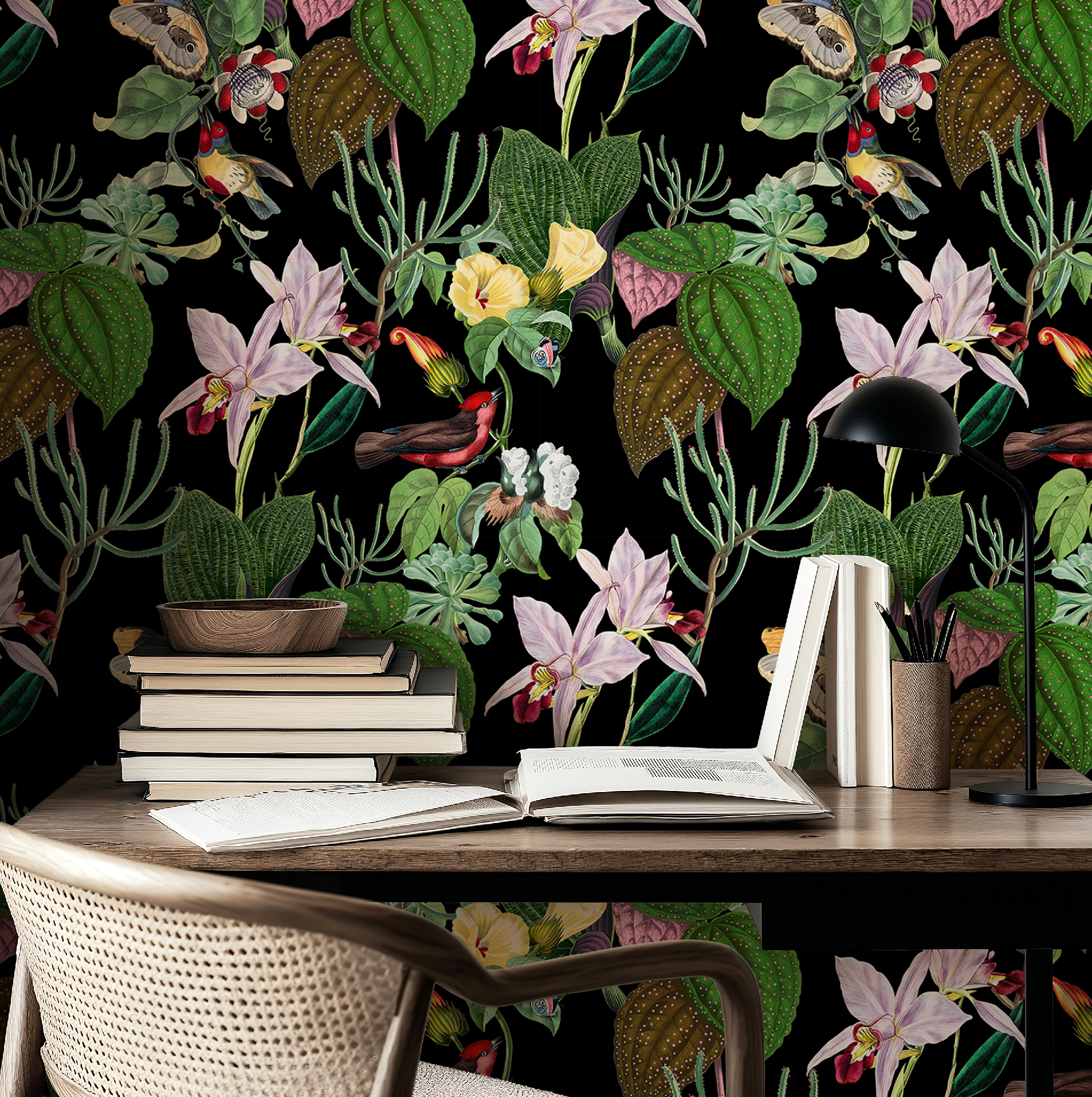 Botanical Birds Wildlife Wallpaper - Black