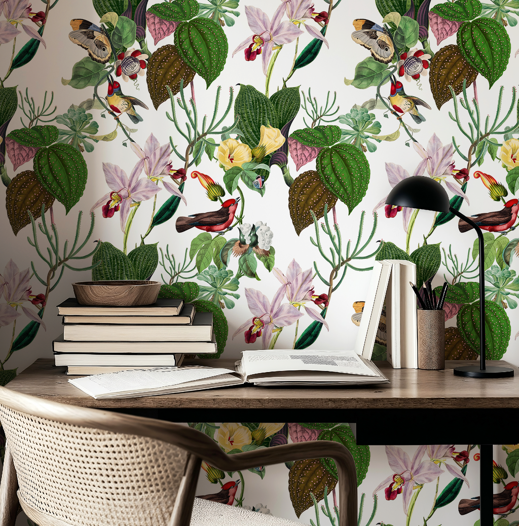Botanical Birds Wildlife Wallpaper - White