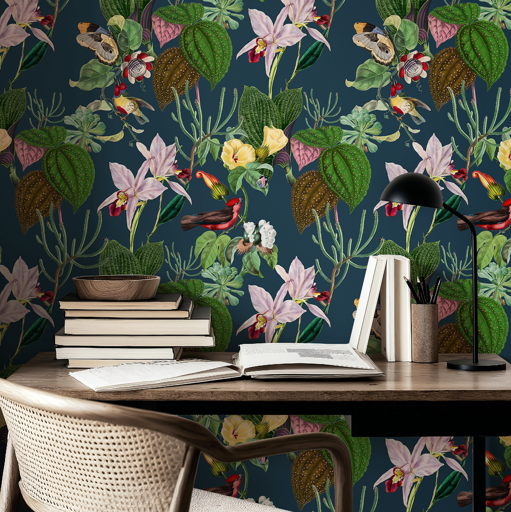 Botanical Birds Wildlife Wallpaper - Navy