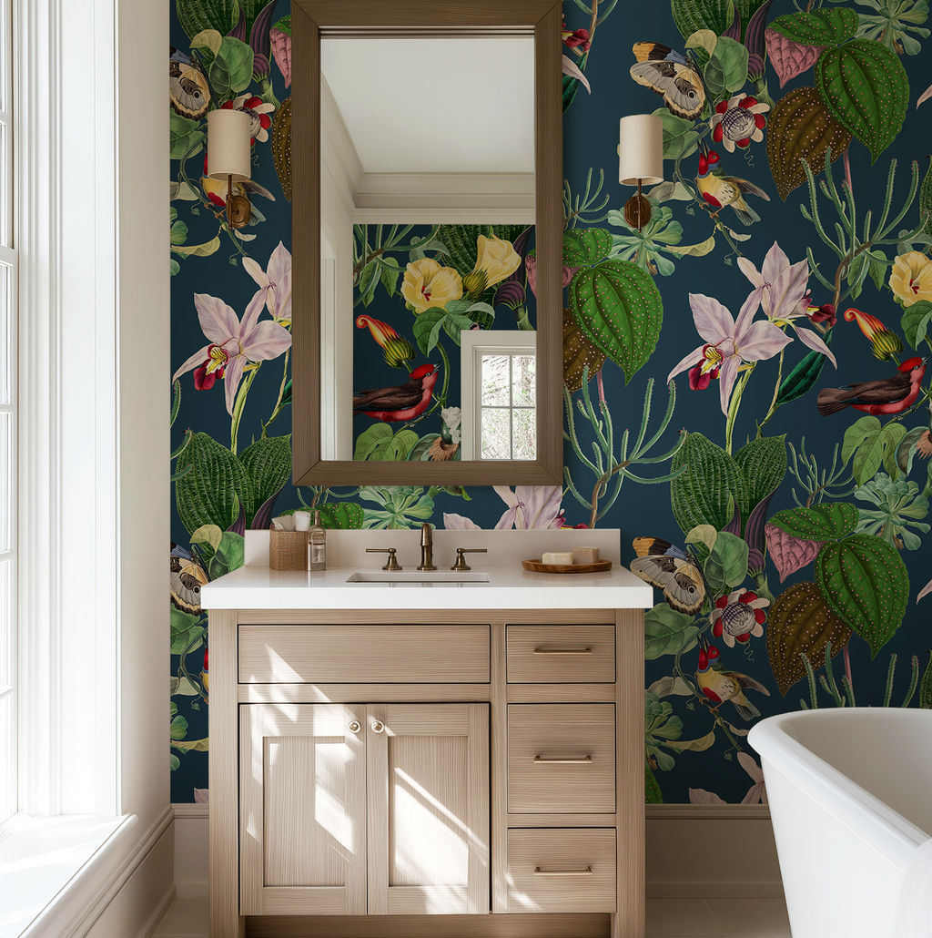 Botanical Birds Wildlife Wallpaper - Navy
