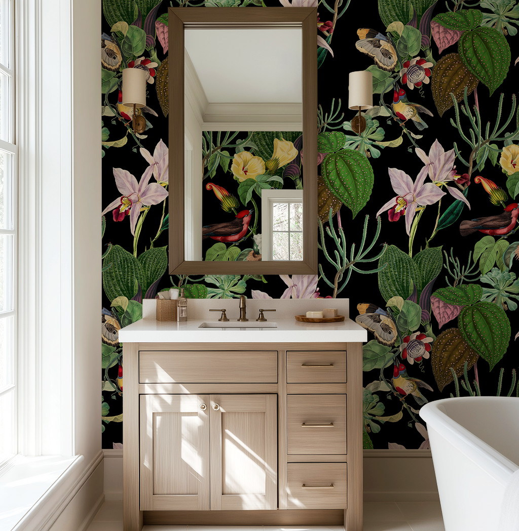 Botanical Birds Wildlife Wallpaper - Black