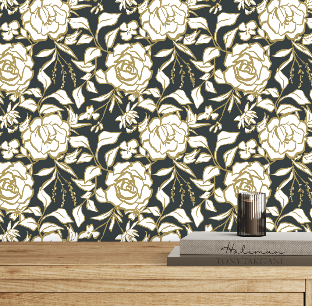 Floral Ink Wallpaper in Dark Gray and Muted Gold - Image 3 by RebelMod