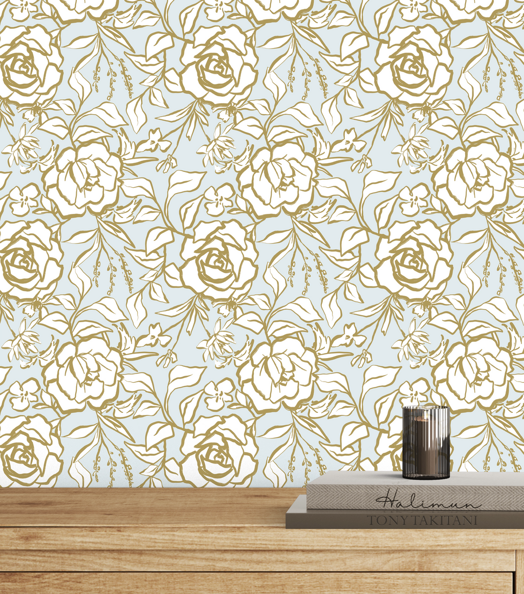 Floral Ink Wallpaper in Light Blue and Gold - Image 2 by RebelMod