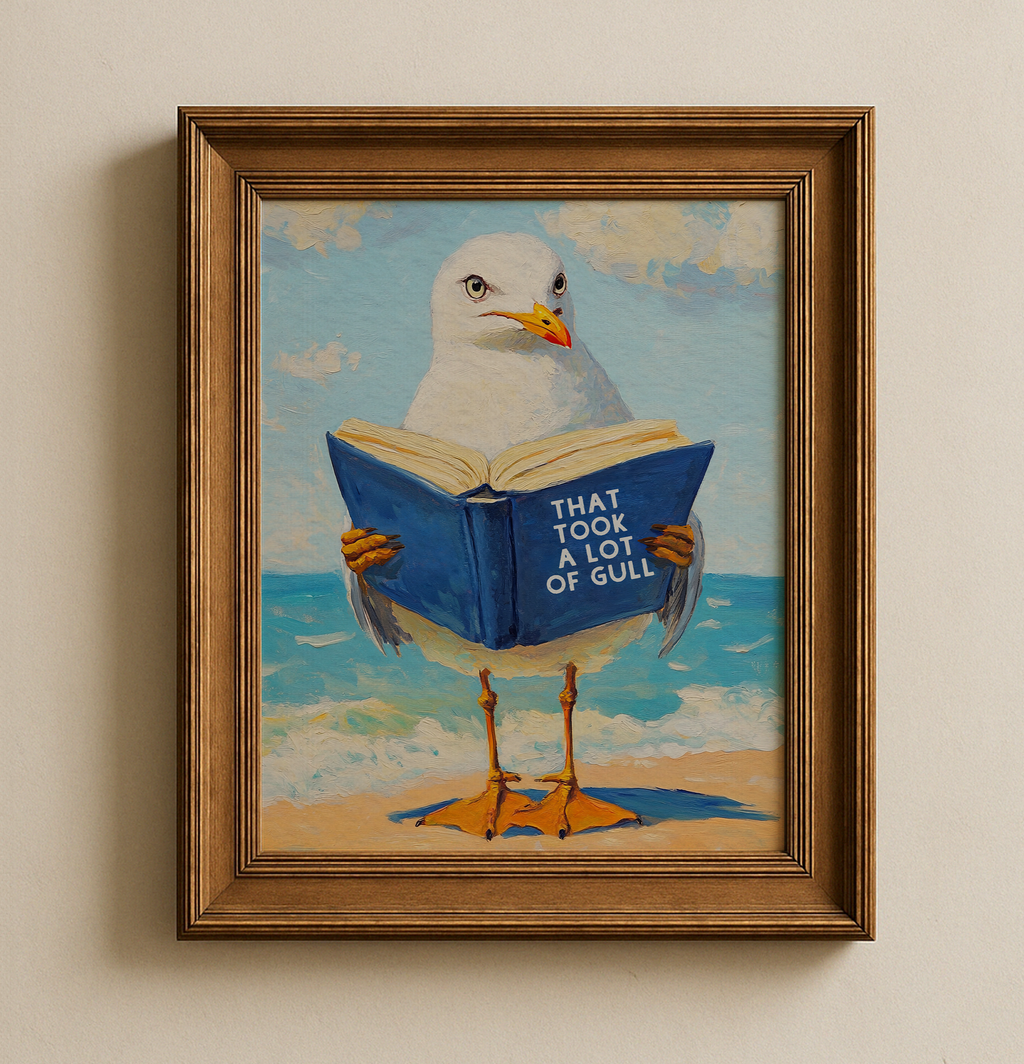 That Took a Lot of Gull - Seagull Reading Book Art Print - Funny Literature Bird Wall Decor, Coastal Office Gift, Whimsica...