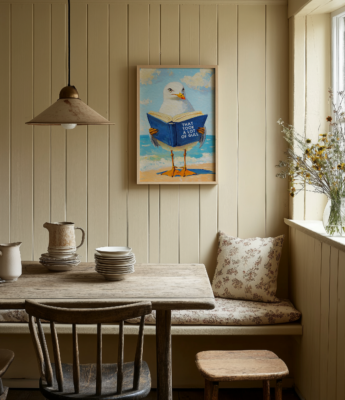 That Took a Lot of Gull - Seagull Reading Book Art Print - Funny Literature Bird Wall Decor, Coastal Office Gift, Whimsica...