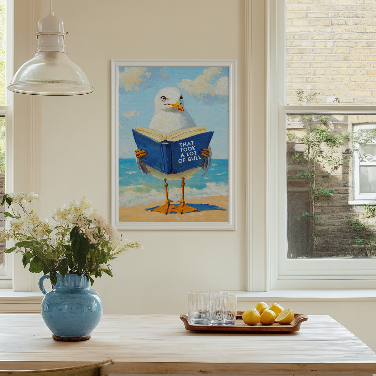 That Took a Lot of Gull - Seagull Reading Book Art Print - Funny Literature Bird Wall Decor, Coastal Office Gift, Whimsica...