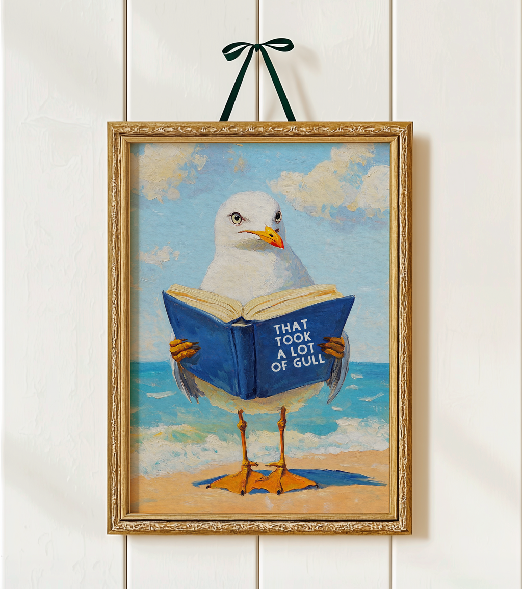 That Took a Lot of Gull - Seagull Reading Book Art Print - Funny Literature Bird Wall Decor, Coastal Office Gift, Whimsica...