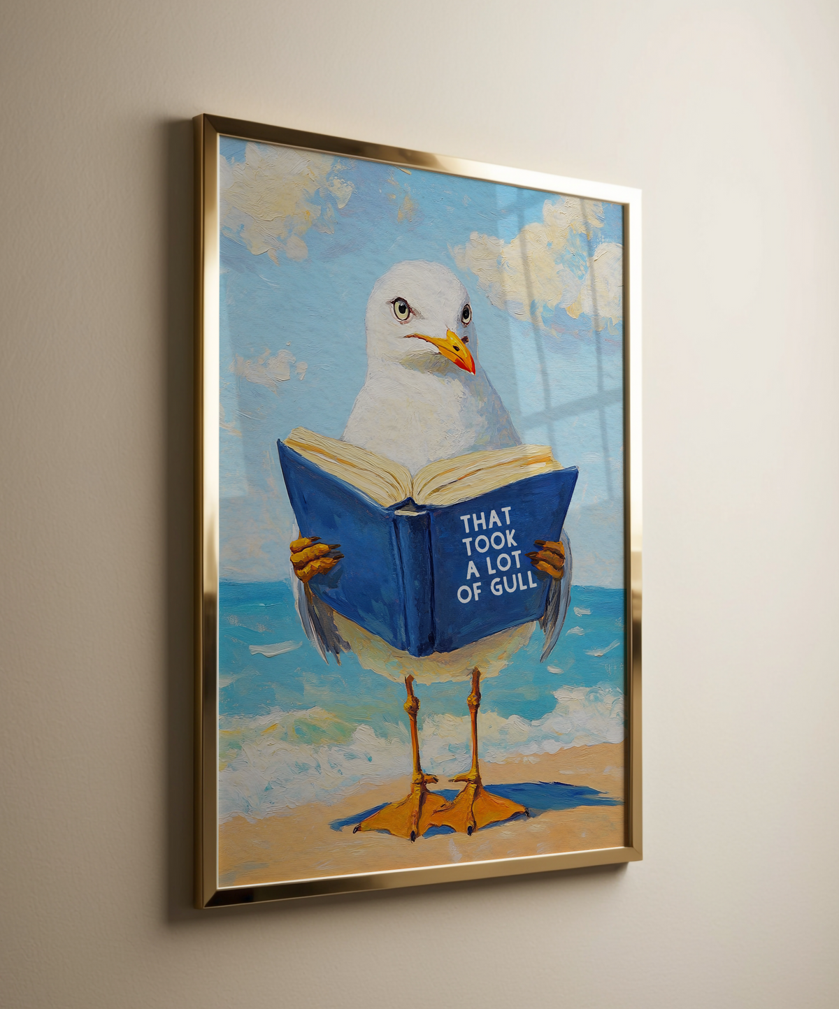 That Took a Lot of Gull - Seagull Reading Book Art Print - Funny Literature Bird Wall Decor, Coastal Office Gift, Whimsical Animal art