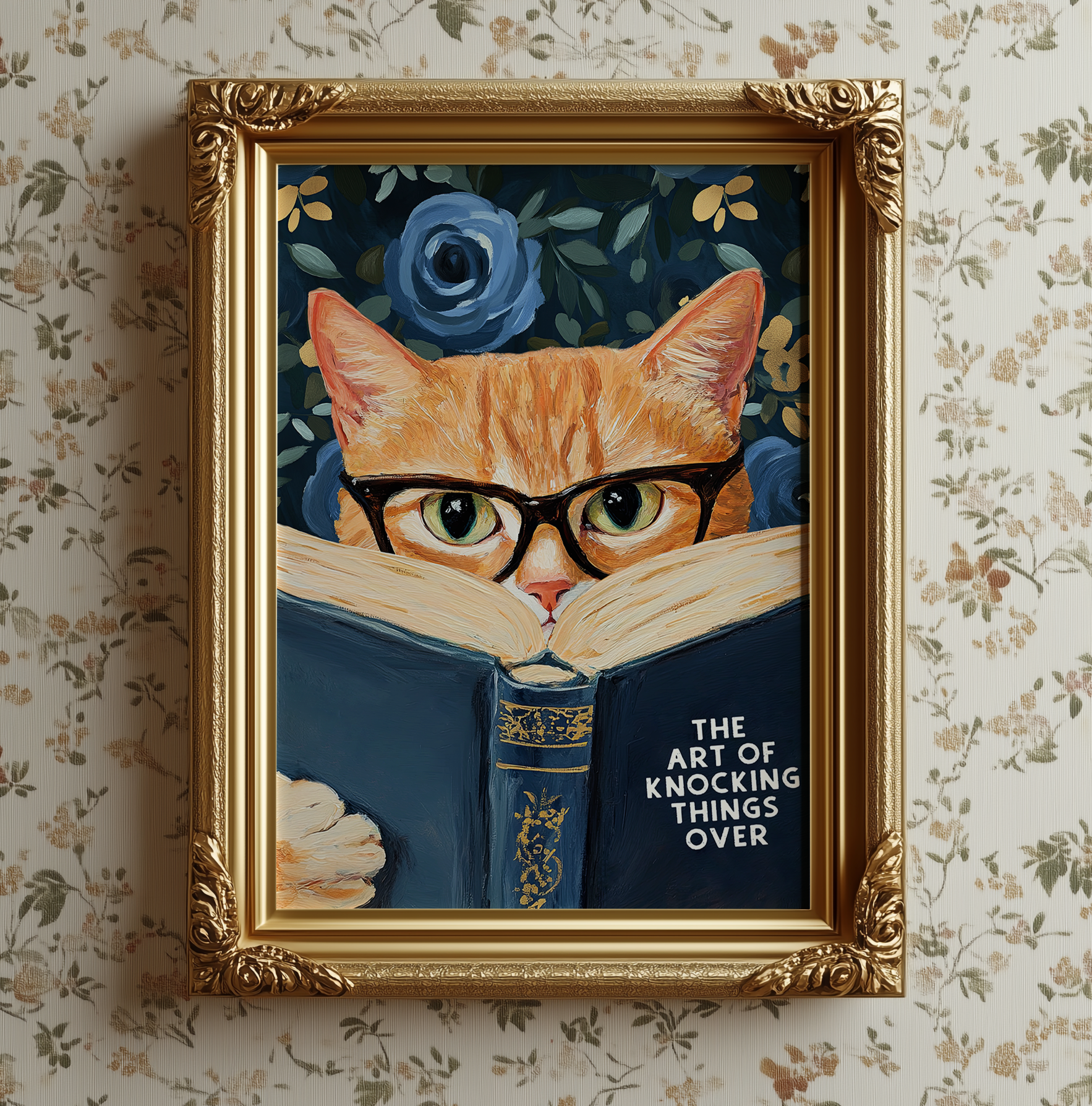 Funny Orange Cat Reading The Art of Knocking Things Over Blue Floral Print Bathroom Wall Art