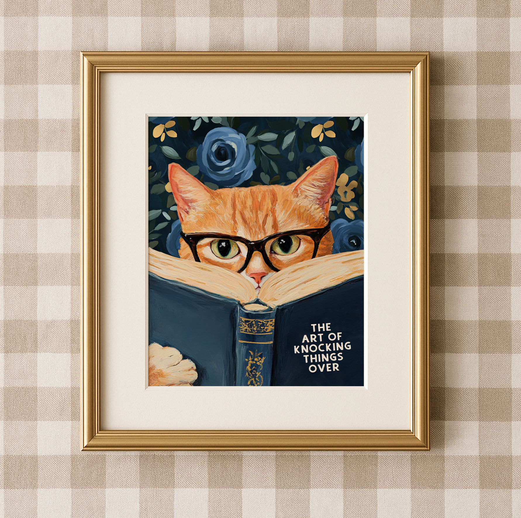 Funny Orange Cat Reading The Art of Knocking Things Over Blue Floral Print Bathroom Wall Art