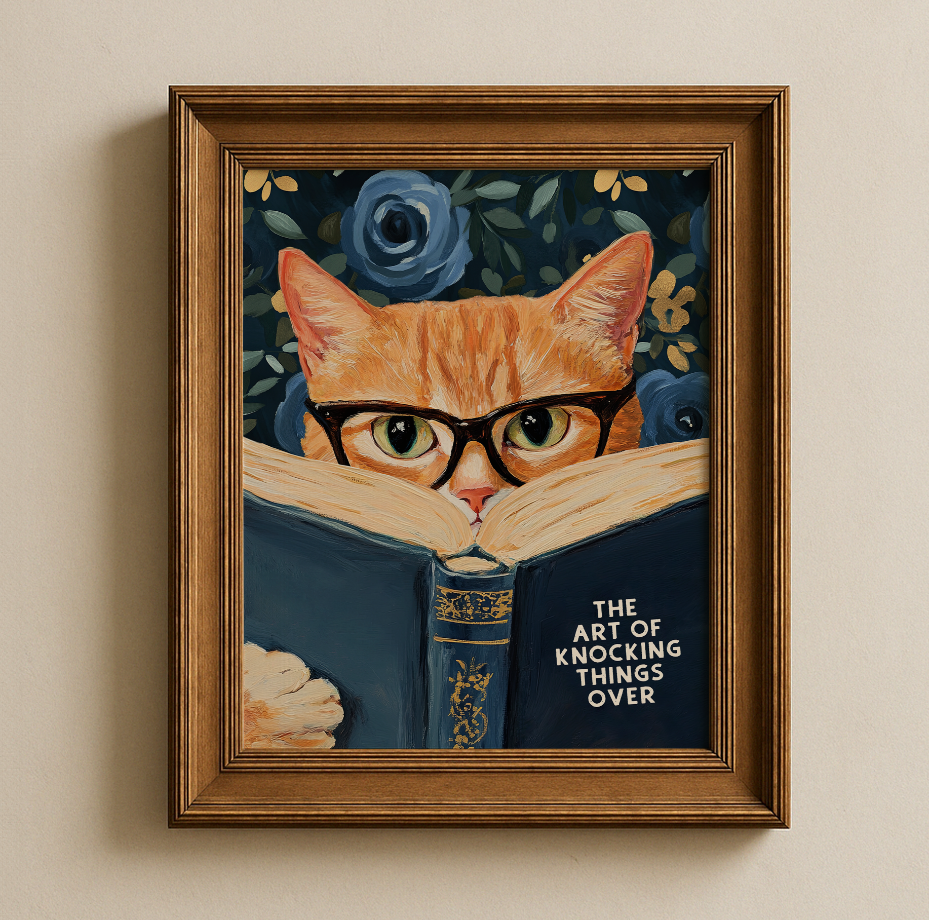 Funny Orange Cat Reading The Art of Knocking Things Over Blue Floral Print Bathroom Wall Art
