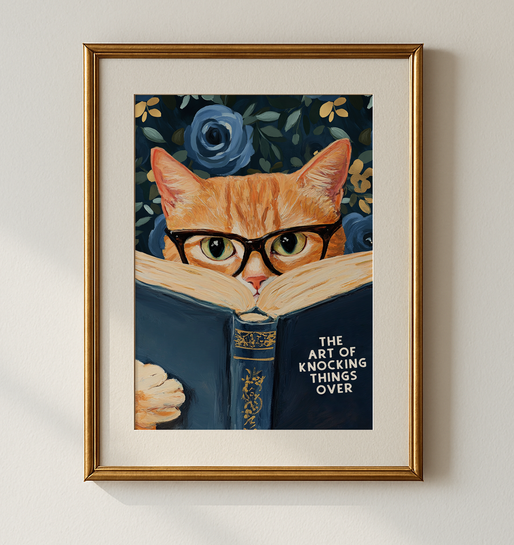 Funny Orange Cat Reading The Art of Knocking Things Over Blue Floral Print Bathroom Wall Art