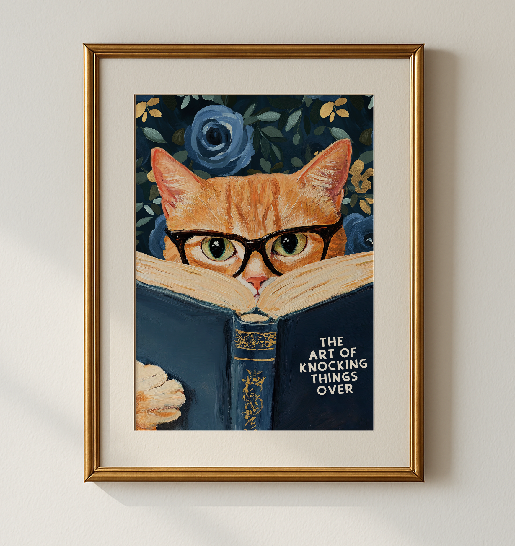 Funny Orange Cat Reading The Art of Knocking Things Over Blue Floral Print Bathroom Wall Art