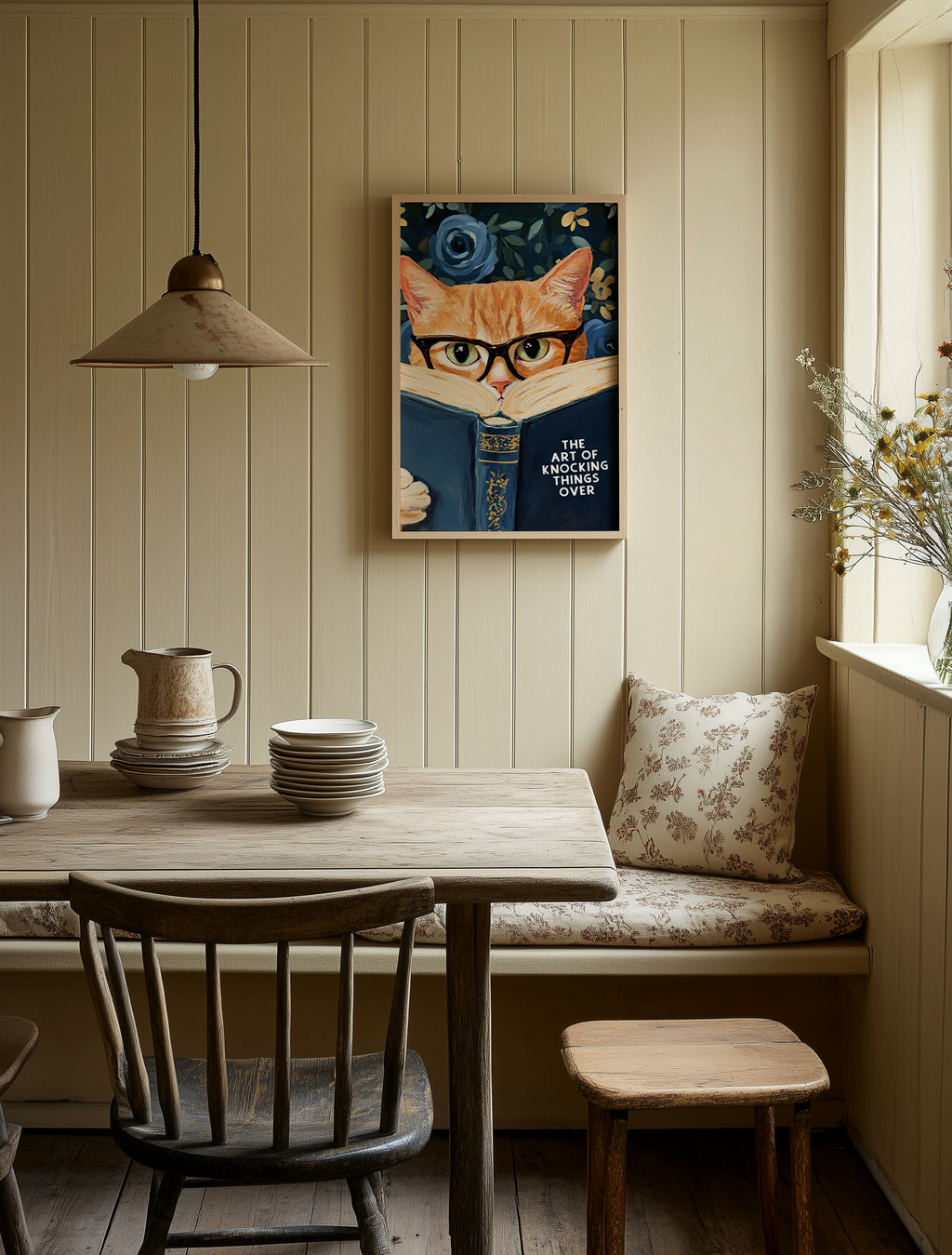 Funny Orange Cat Reading The Art of Knocking Things Over Blue Floral Print Bathroom Wall Art