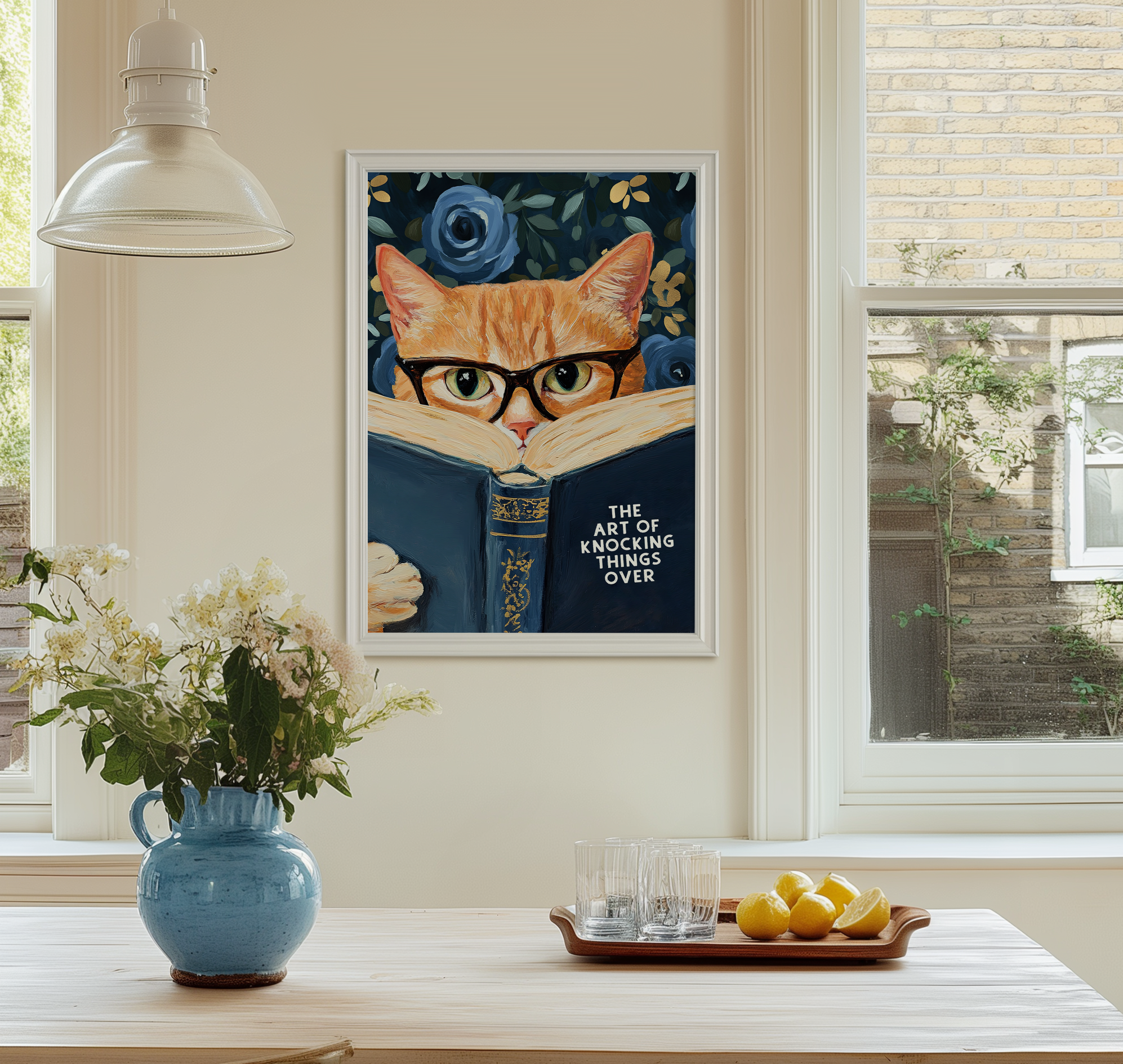 Funny Orange Cat Reading The Art of Knocking Things Over Blue Floral Print Bathroom Wall Art