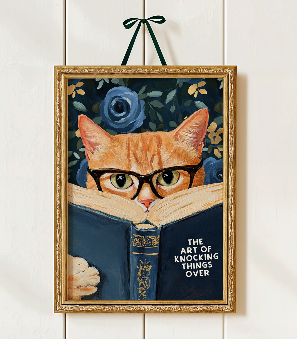 Funny Orange Cat Reading The Art of Knocking Things Over Blue Floral Print Bathroom Wall Art