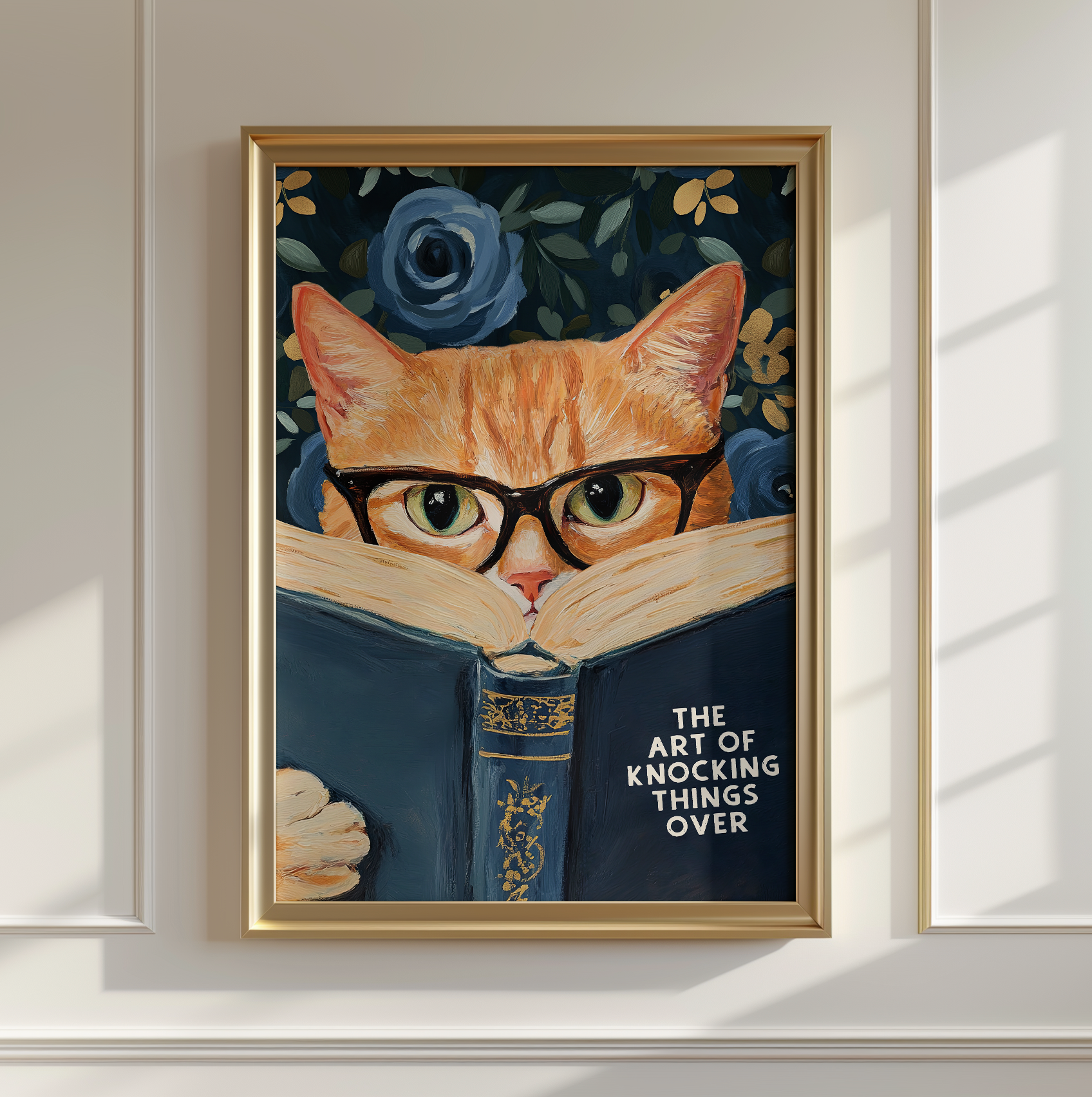 Funny Orange Cat Reading The Art of Knocking Things Over Blue Floral Print Bathroom Wall Art