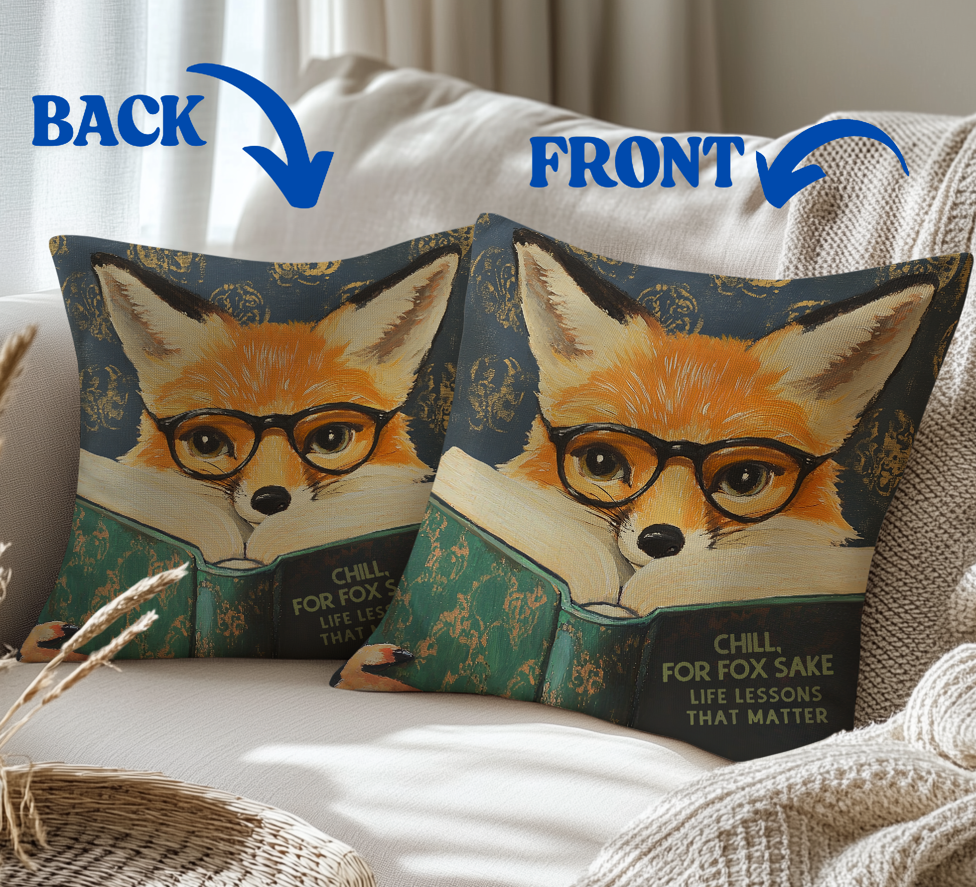 18x18 Chill for Fox Sake Throw Pillow with Insert - Motivational Cushion for Literary Animal Lovers - Image 3 by RebelMod