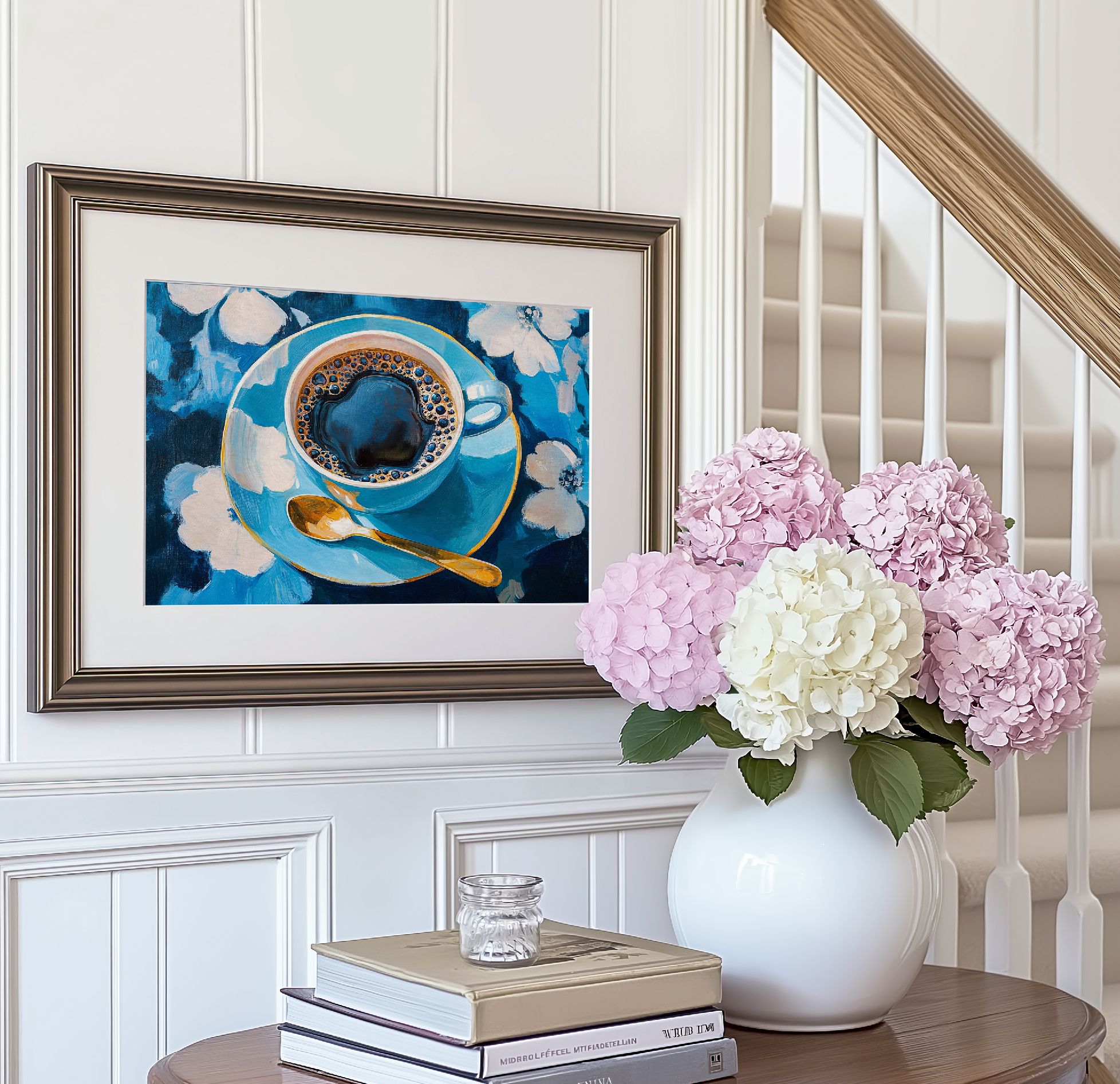 Coffee Lovers Art Print Aqua Blue Floral Kitchen Decor Poster by RebelMod