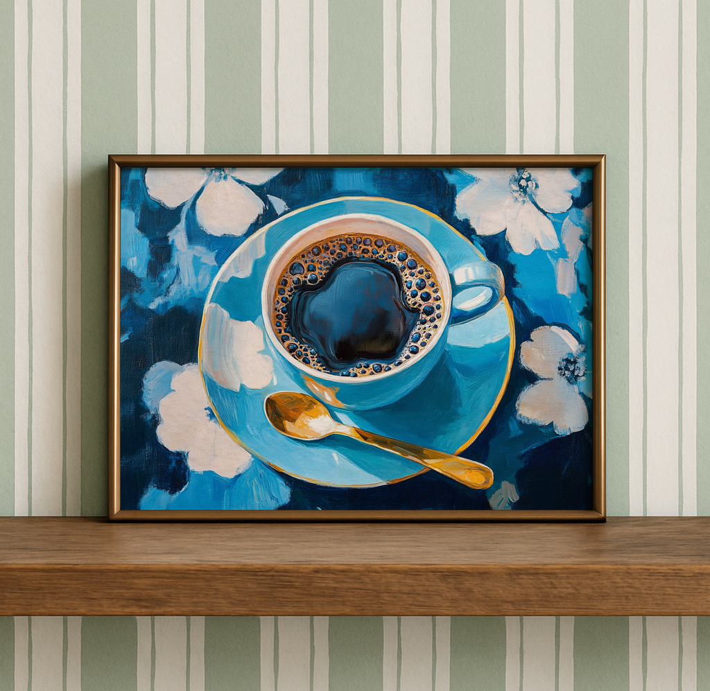 Coffee Lovers Art Print Aqua Blue Floral Kitchen Decor Poster - Image 5 by RebelMod