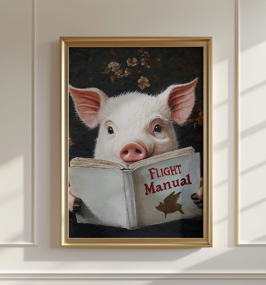 Pig Reading Flight Manual Art Print When Pigs Fly Wall Decor - Image 8 by RebelMod
