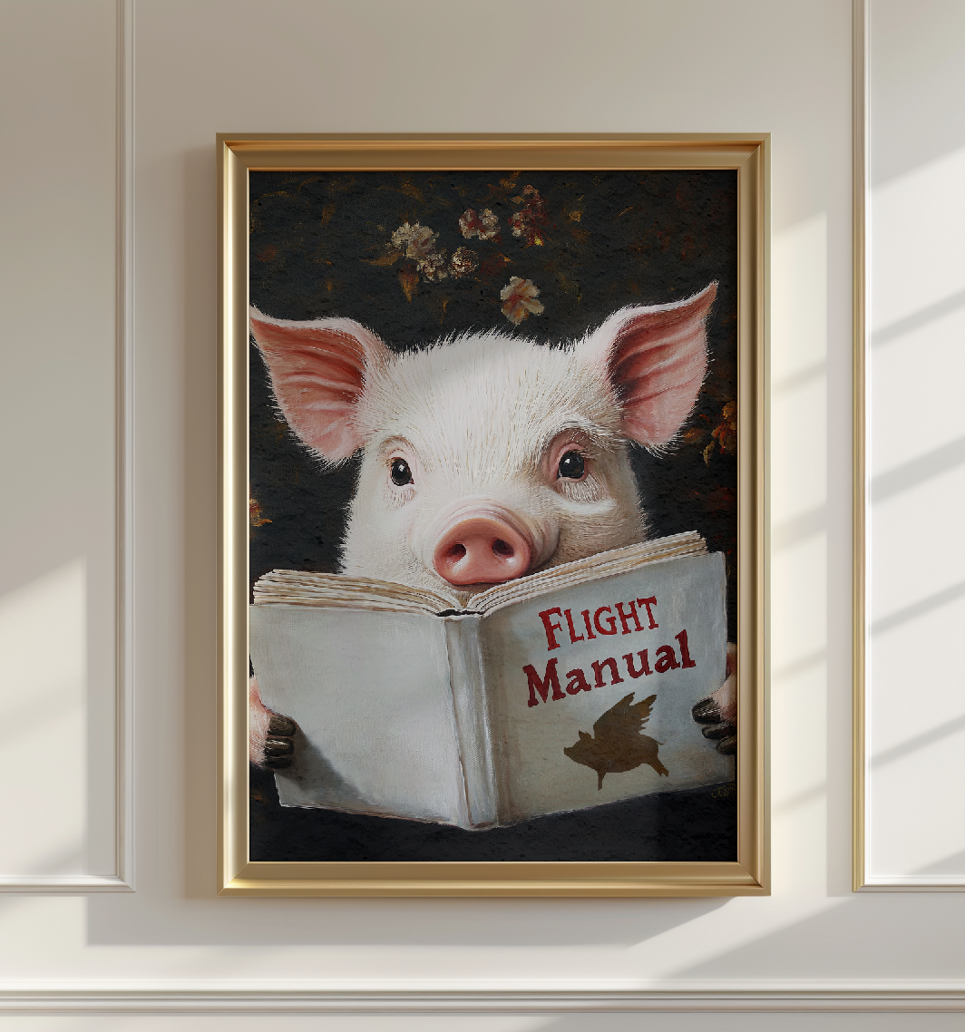 Pig Reading Flight Manual Art Print When Pigs Fly Wall Decor - Image 8 by RebelMod