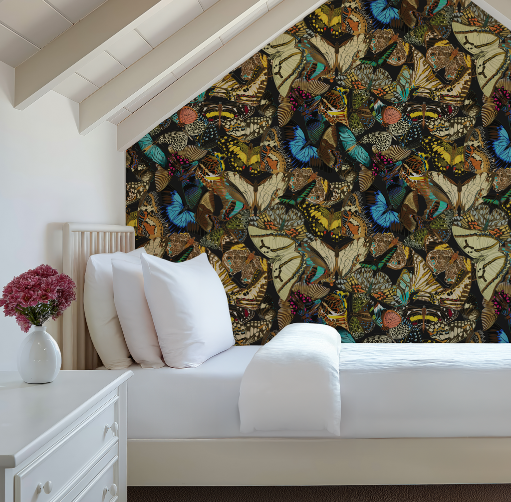 Butterfly Cabinet Noir Wallpaper