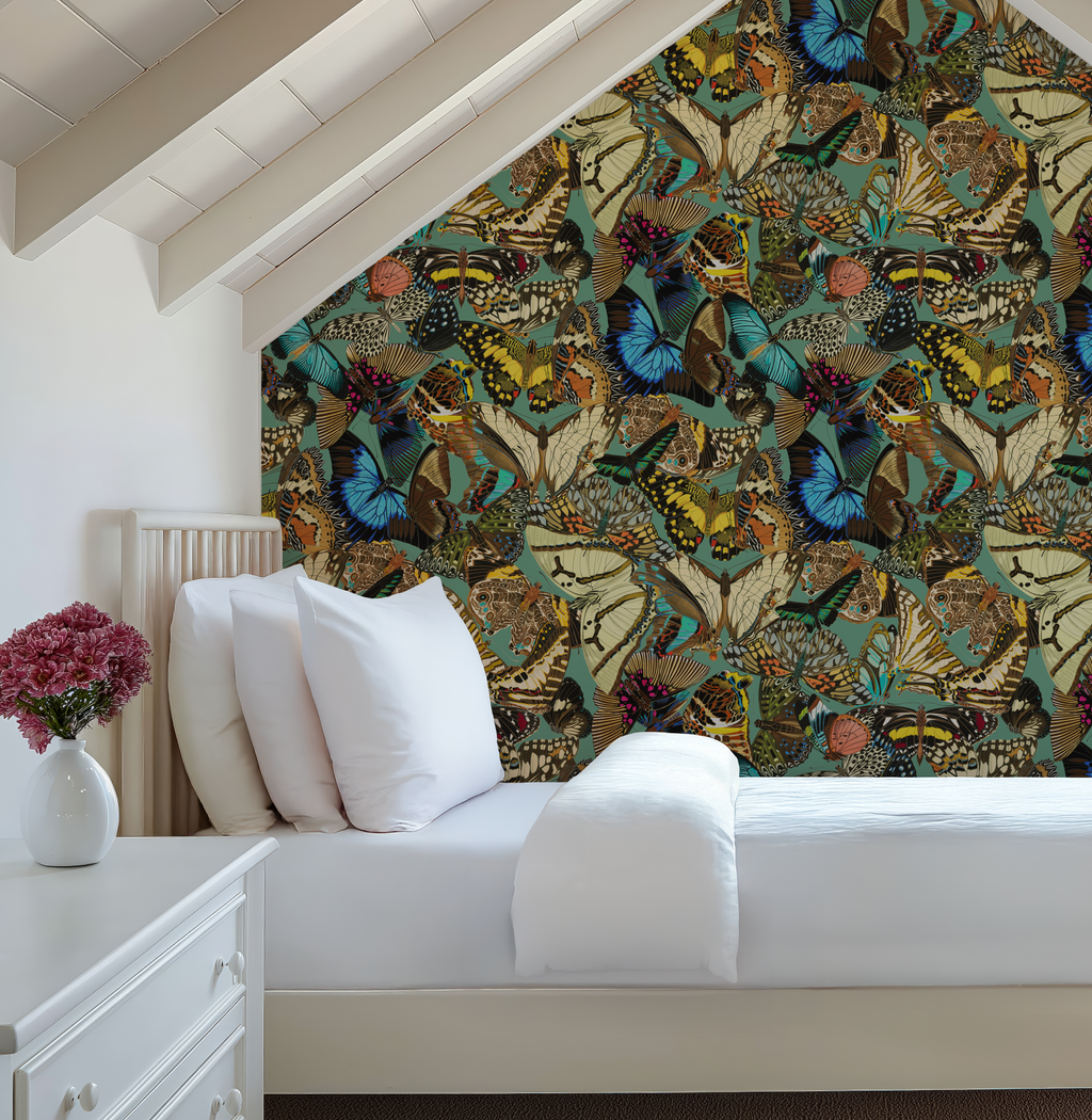 Butterfly Cabinet Teal Wallpaper