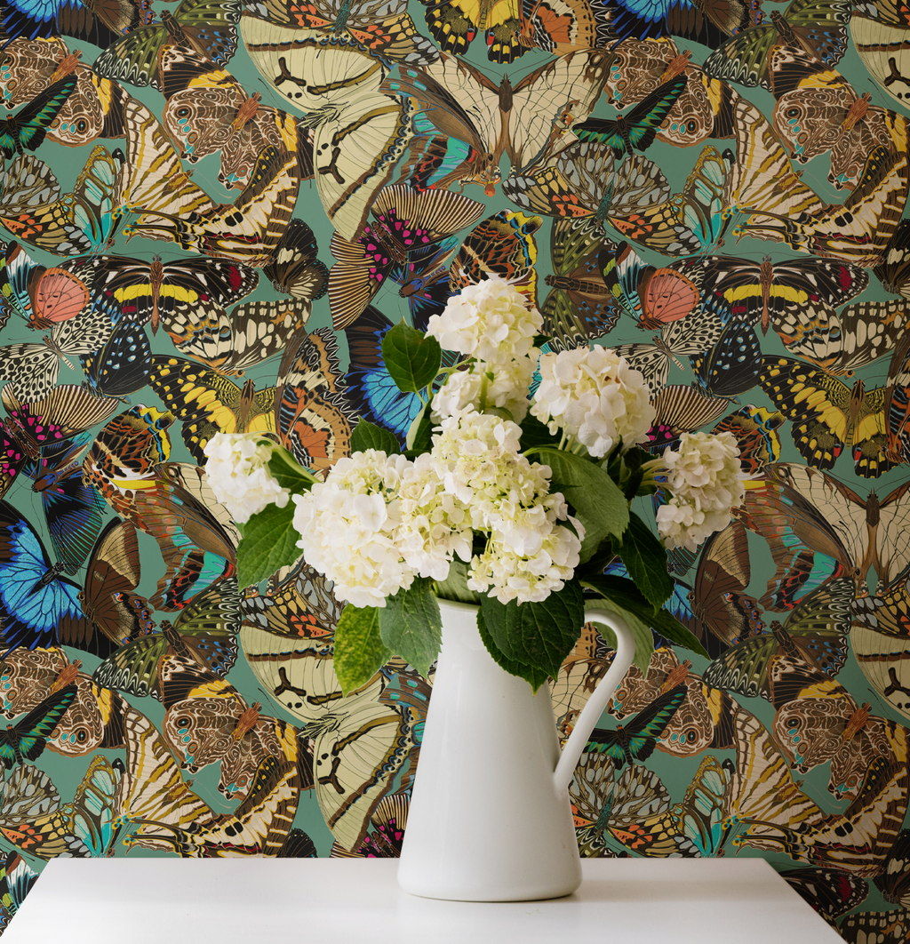 Butterfly Cabinet Teal Wallpaper