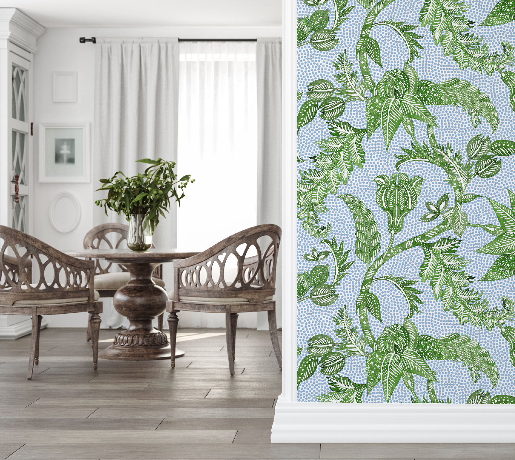 Botanical Etching Green / Blue Dot Wallpaper - Image 10 by RebelMod