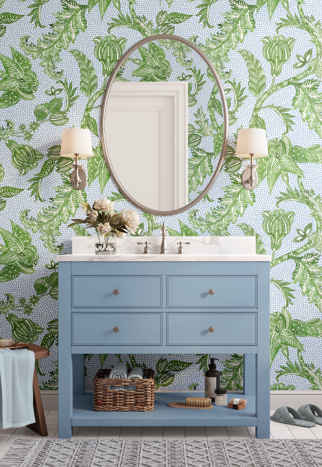 Botanical Etching Green / Blue Dot Wallpaper - Image 2 by RebelMod