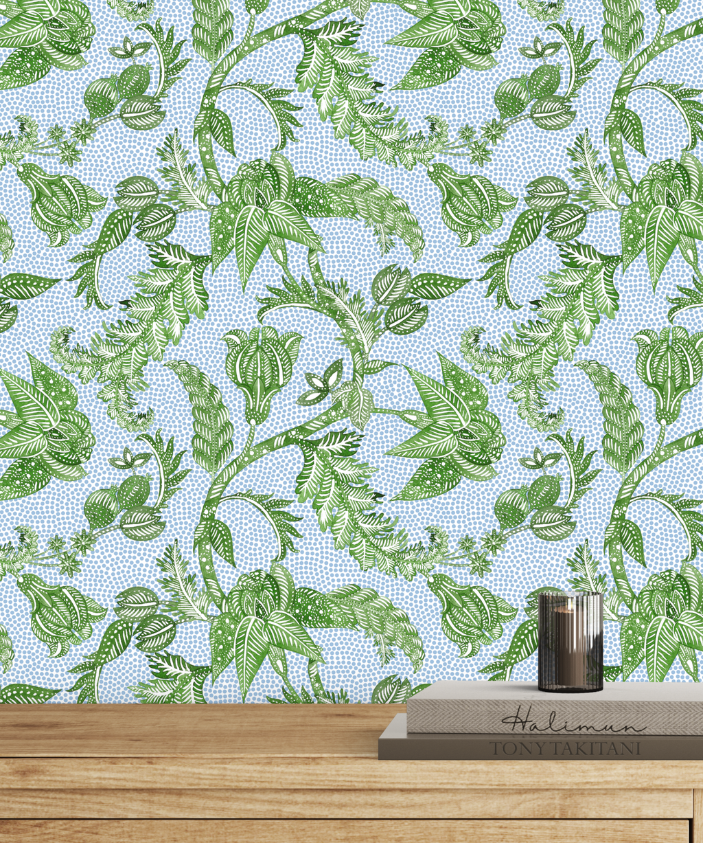 Botanical Etching Green / Blue Dot Wallpaper - Image 9 by RebelMod