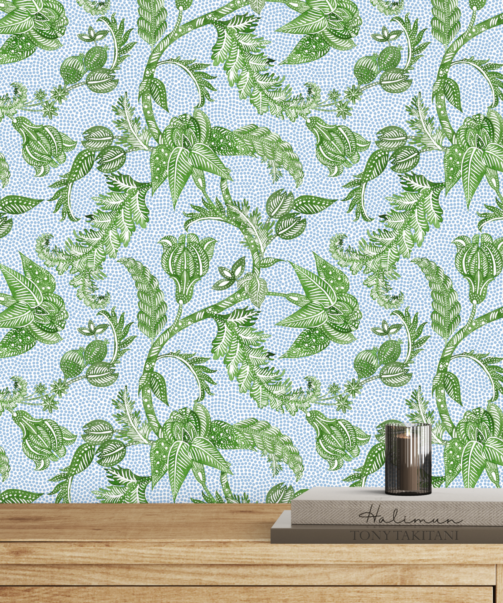 Botanical Etching Green / Blue Dot Wallpaper - Image 9 by RebelMod
