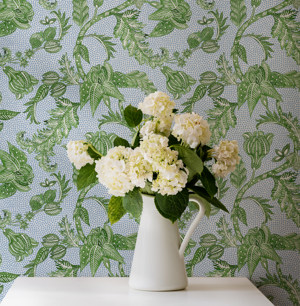 Botanical Etching Green / Blue Dot Wallpaper - Image 4 by RebelMod