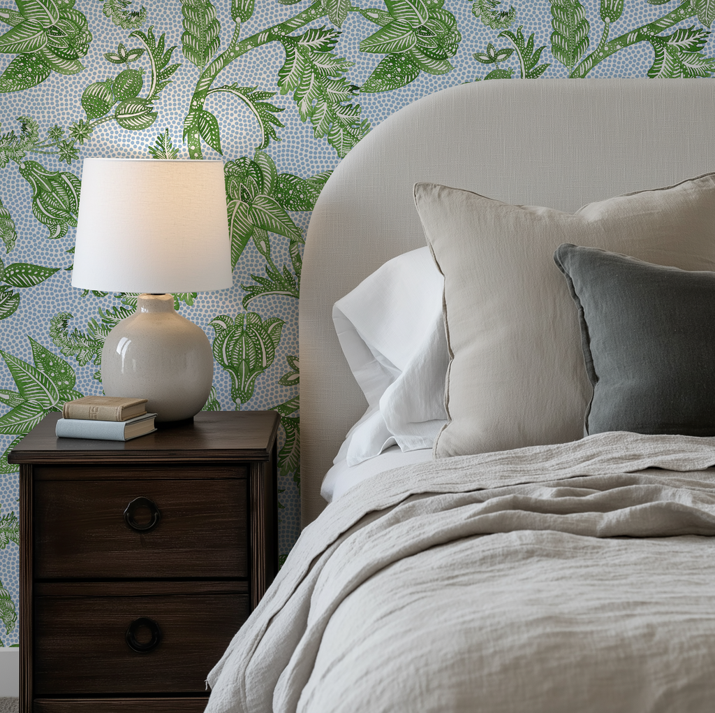 Botanical Etching Green / Blue Dot Wallpaper - Image 5 by RebelMod