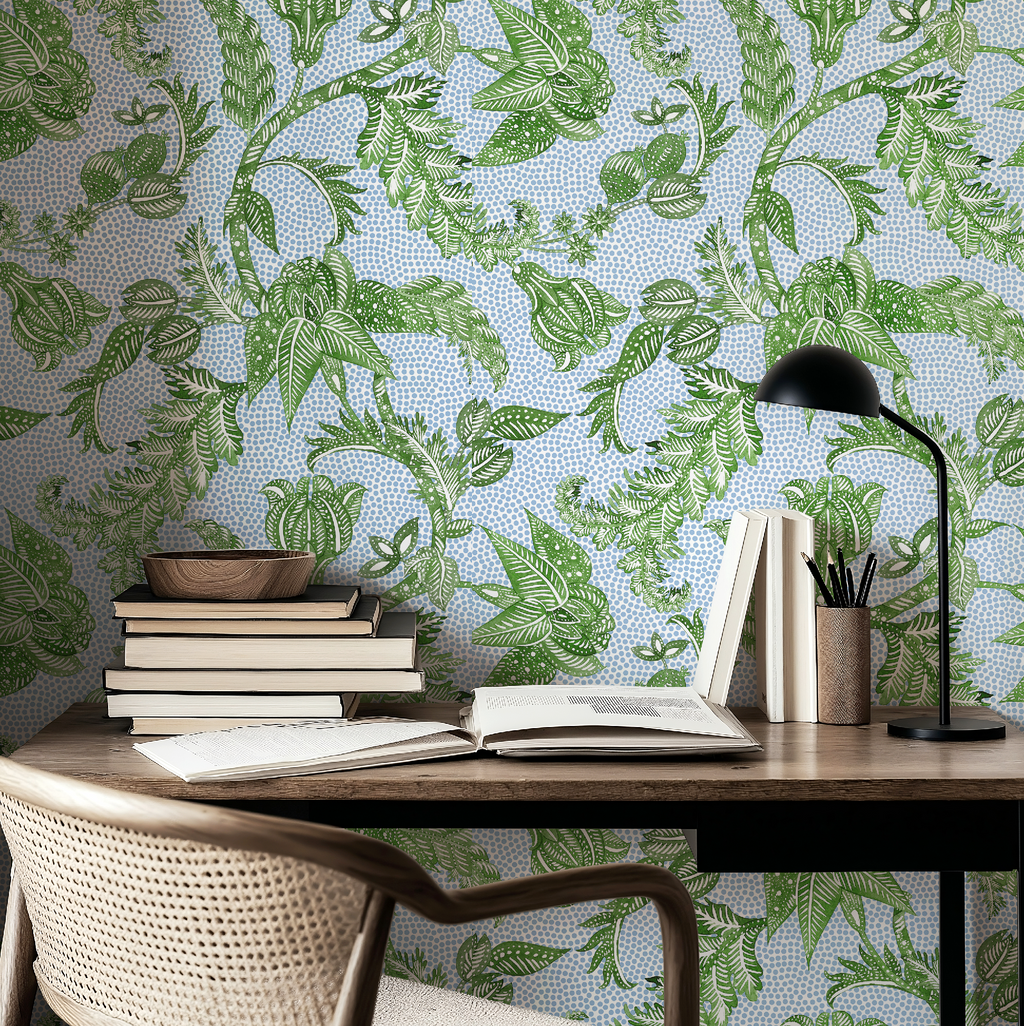 Botanical Etching Green / Blue Dot Wallpaper - Image 7 by RebelMod